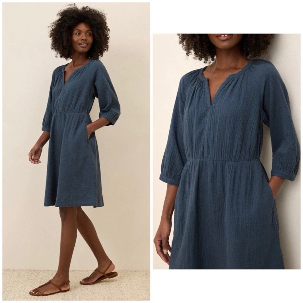 $98 Pact Organic Cotton Double Gauze V-neck 3/4 Sleeves Coastal Peasant Dress XL